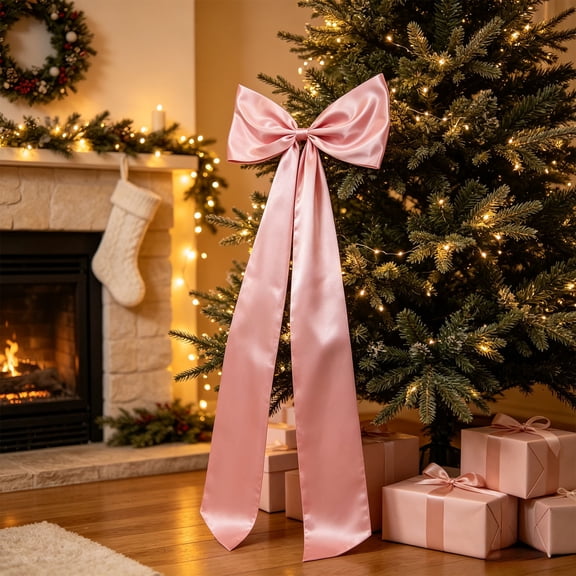 42 in Christmas Large Wreath Bow, Fabric Bow with Long Hanging Tails for Tree, Door, Wall and Gift Box Decor, Pink