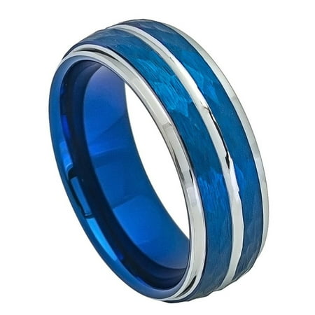 8MM Comfort Fit Tungsten Carbide Wedding Band Beveled Edge Hammered Blue Tone Ring (7 to 12) Size 10.5