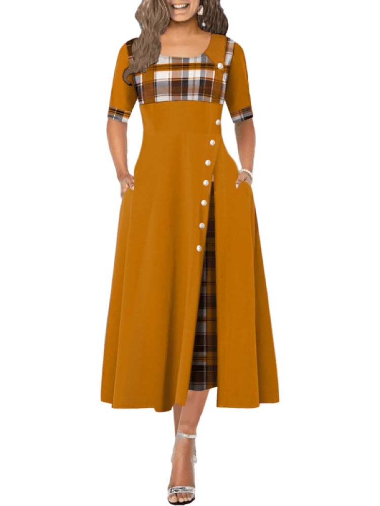 Women's Half Sleeve Plaid Print Button 