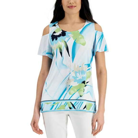 JM Collection Womens Printed Cold Shoulder Top Seafoam Combo XS