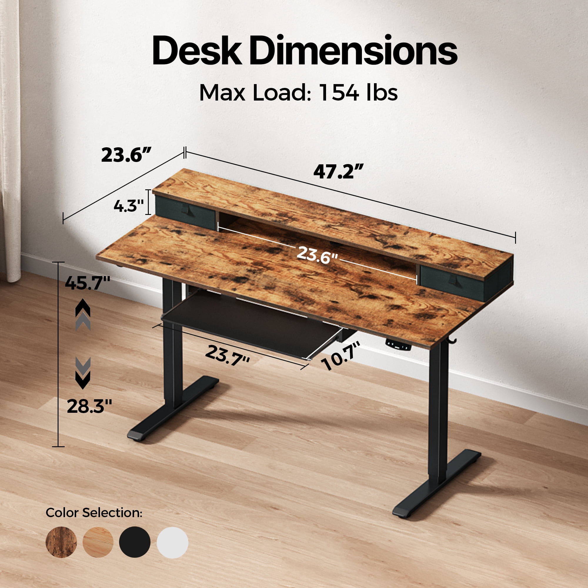 47.2 Inch Electric Standing Desk with 2 Drawers & Keyboard Tray, Adjustable Home Office Desk Ergonomic Sit to Stand Computer Desk with Hooks for Gaming & Work,Light Rustic Brown