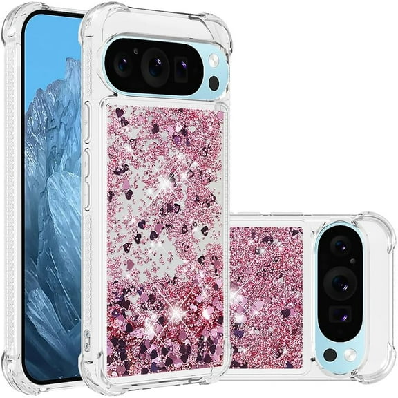 Case for Google Pixel 9 Pro XL Case Glitter Cute Luxury Love Liquid Quicksand Clear Soft TPU Girls Women Stylish Bumper Shockproof Protective Cover for Google Pixel 9 Pro XL Rose Gold YB