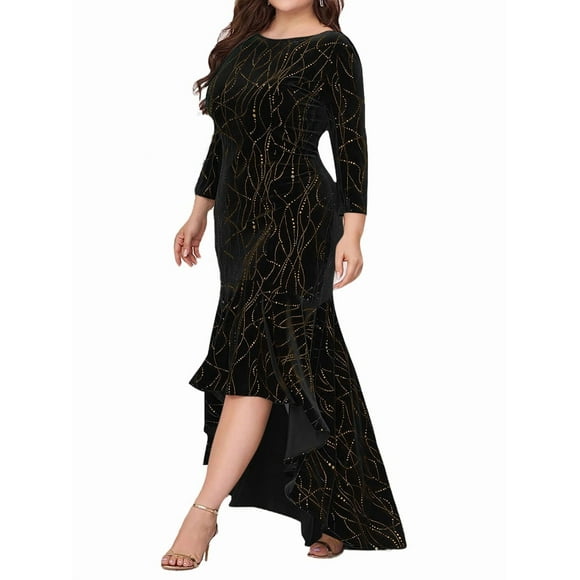 Plus Size Dresses for Women 3/4 Sleeves Mermaid High Low Hem Maxi Velvet Formal Dress Black 5XL
