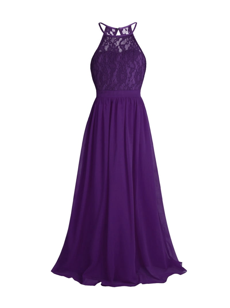 DPOIS Girls Lace Chiffon Wedding Bridesmaid Long Maxi Dress Deep Purple 6