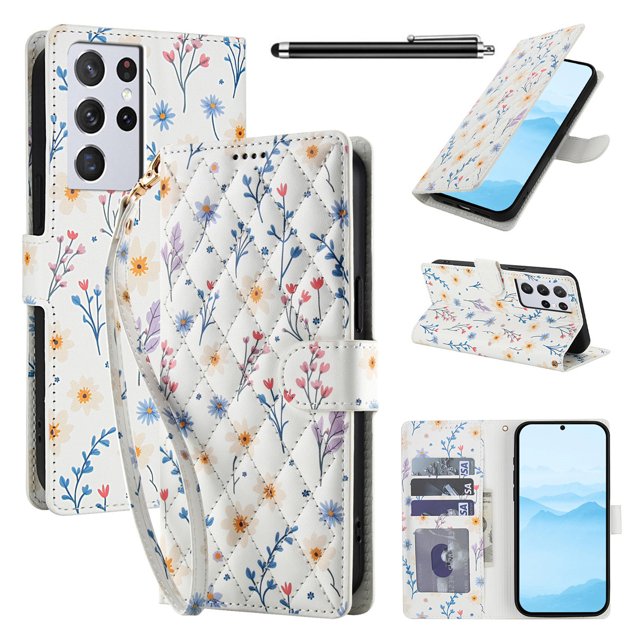 Wallet Case for Samsung Galaxy S21 Ultra , PU Leather Phone Cover Kickstand RFID Blocking Flip Case Card Slots Wrist Strap Relief Engraved Pattern Magnetic With Stylus Pen, Blue Purple Flower
