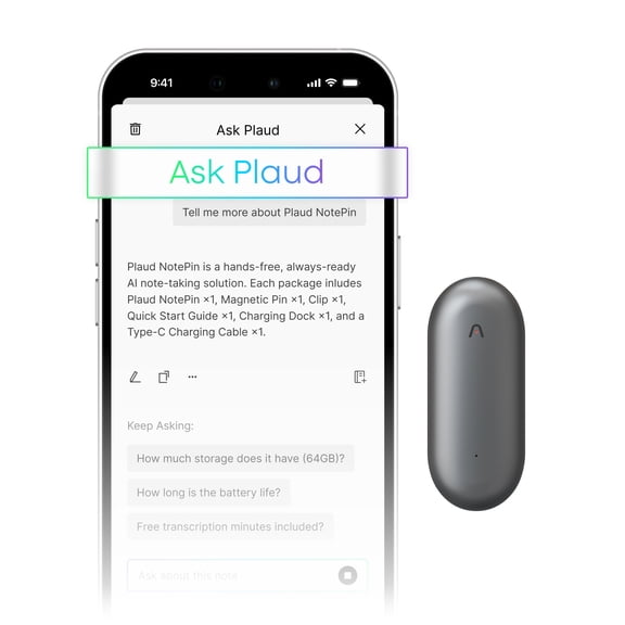 PLAUD NotePin AI Voice Recorder, App Control, Transcribe & Summarize, 112 Languages, 64GB Memory, Audio Recorder for Lectures/Meetings, 20H Record, 23g