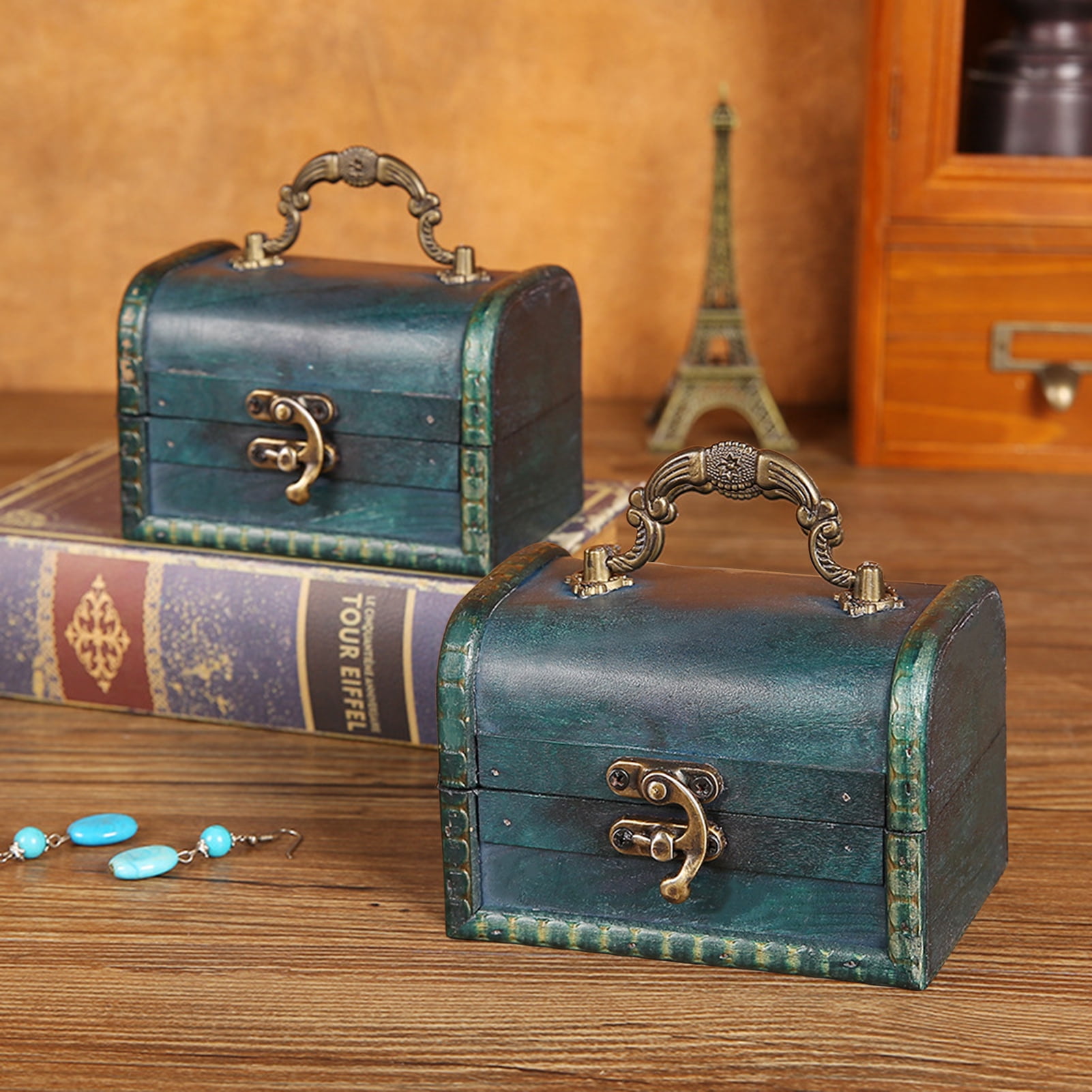 Wanwan Jewelry Organizer Box Vintage High Capacity Antique Wooden Mini  Treasure Chest Storage Box for Home