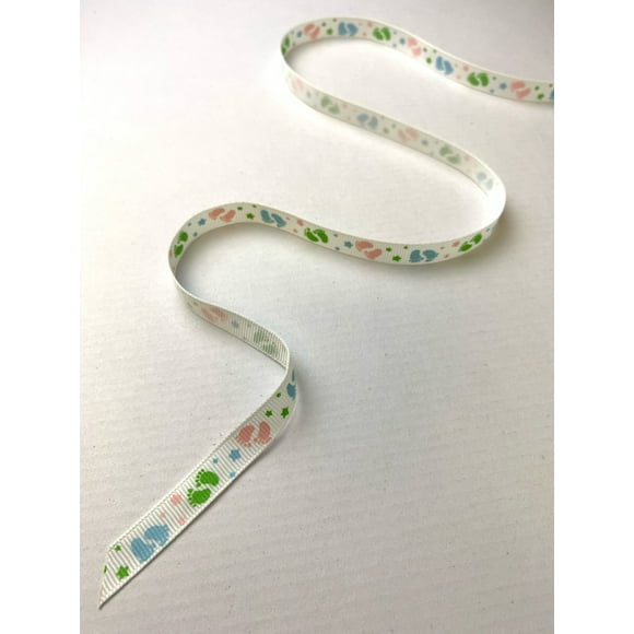 Polypropylene Grosgrain Ribbon, 0.375in x 100 yards, White Tossed Baby Feet