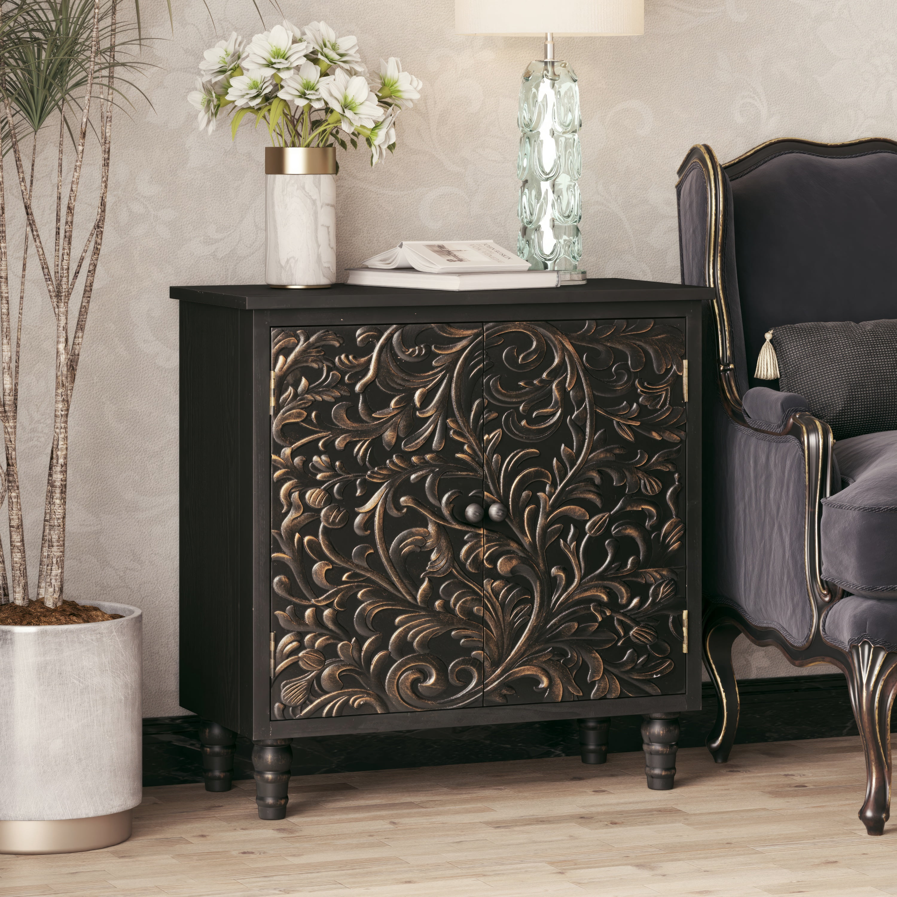 COZAYH 2 Door Farmhouse Storage Cabinet with Embossed Distressed Flower Motif, Vintage Side Table for Living Room, Bedroom, Boho, Black