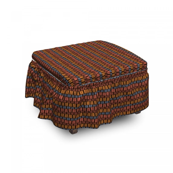 Retro Ottoman Cover, Brown Toned Geometric Tile, 2 Piece Slipcover Set with Ruffle Skirt for Square Round Cube Footstool Decorative Home Accent, Standard Size, Multicolor, by Ambesonne