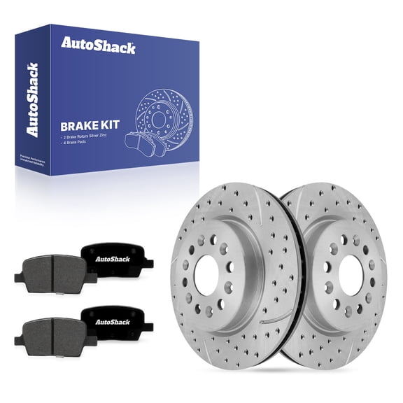 AutoShack Rear Vented Drilled & Slotted Silver Zinc Coated Brake Rotors   Premium Ceramic Pads 6-PC Brake Kit Replacement for 2017-2020 GMC Acadia 2020 Cadillac XT6 SilverShield Pro 12.4" (315 mm)