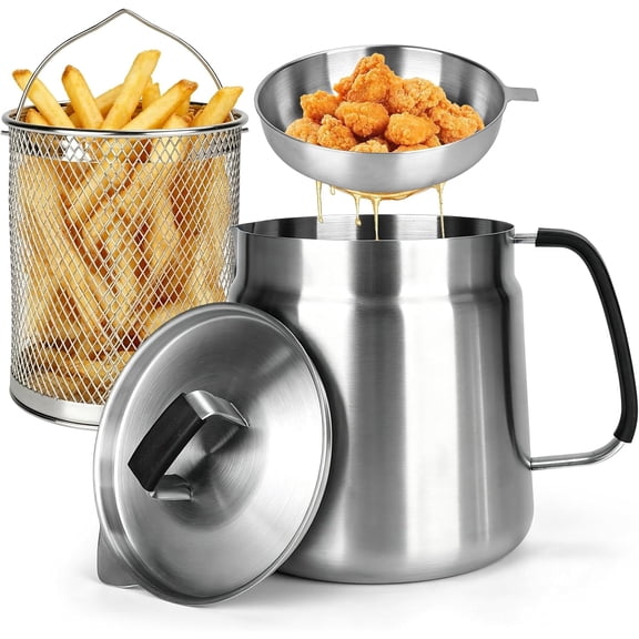 2L Stainless Steel Oil Strainer Pot with Frying Basket and Lid, Grease Strainer Container with Silicone Heat Resistant Handle, Oil Filter Pot for Kitchen Cooking and Bacon Grease Storage
