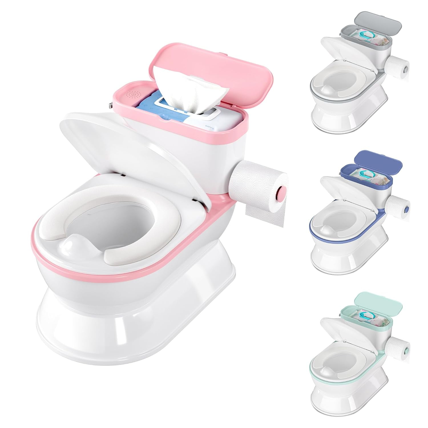 2-in-1 Toddler Potty Training Toilet, Detachable Training Seat with Flushing Sound, Wipes Storage & Toilet Paper Holder for Boys Girls Ages 1-3, Pink