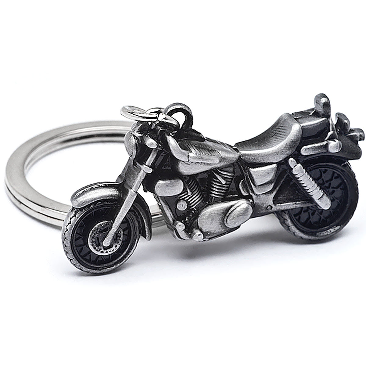 Motorcycle Black Faux Leather Oval Keychain 