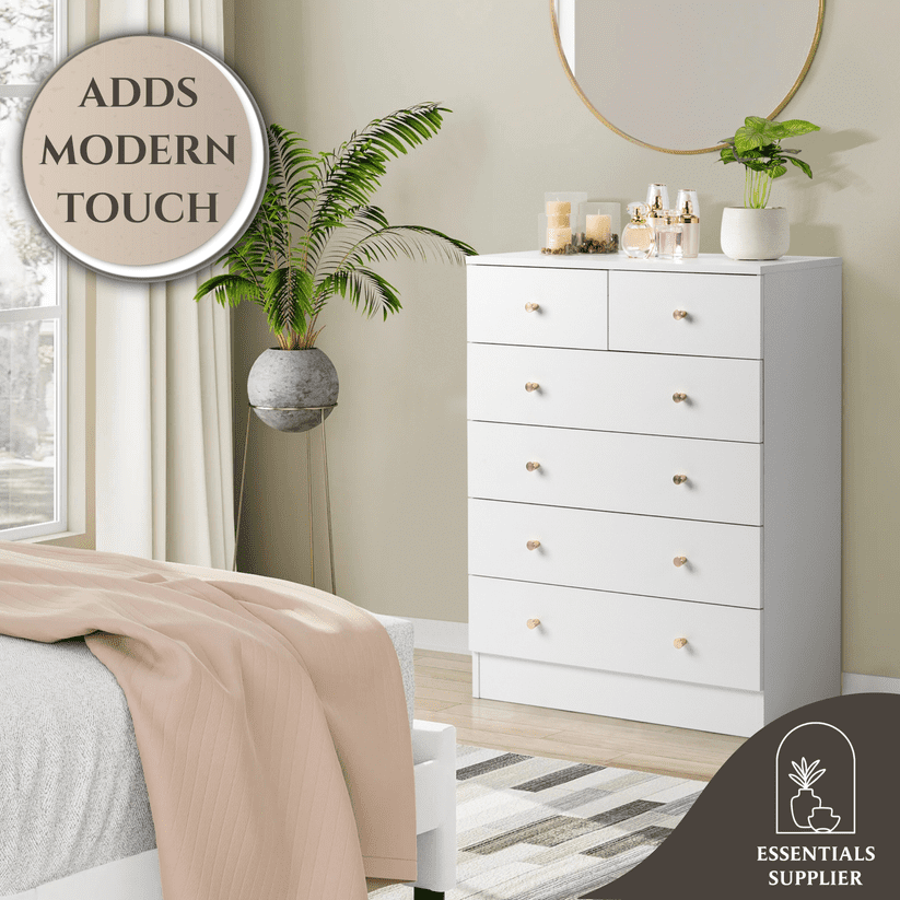 Modern White 6-Drawer Dresser – Minimalist Storage Cabinet for Bedroom or Living Room