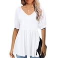 thumbnail image 1 of Blusa de manga corta con cuello en V para mujer, blusa de manga corta con volantes de Color puro a la moda para verano, color blanco S, 1 of 5