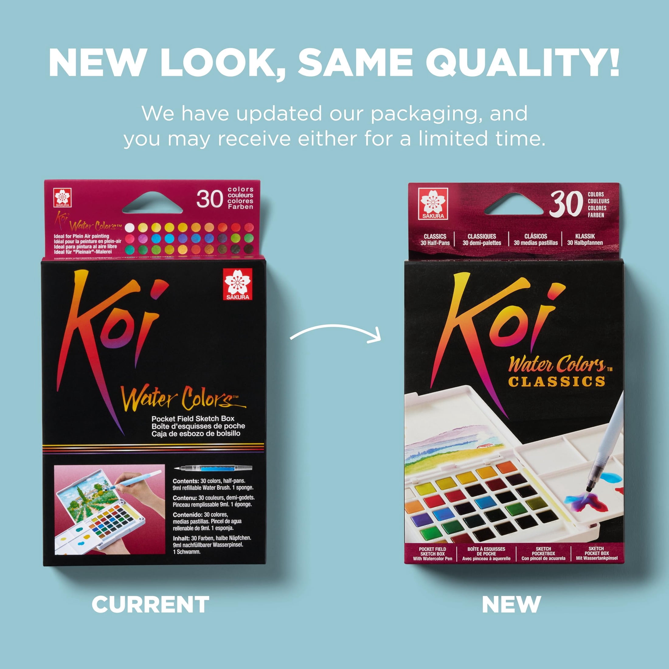 Sakura Koi Pocket Field Sketch Kit - Watercolor Sets for Painting On the Go - Holiday Gifts for Artists, Crafters & DIY Gifts Projects - 30 Colors - 1 Water Brush - 1 Sponge - 1 Mixing Palette