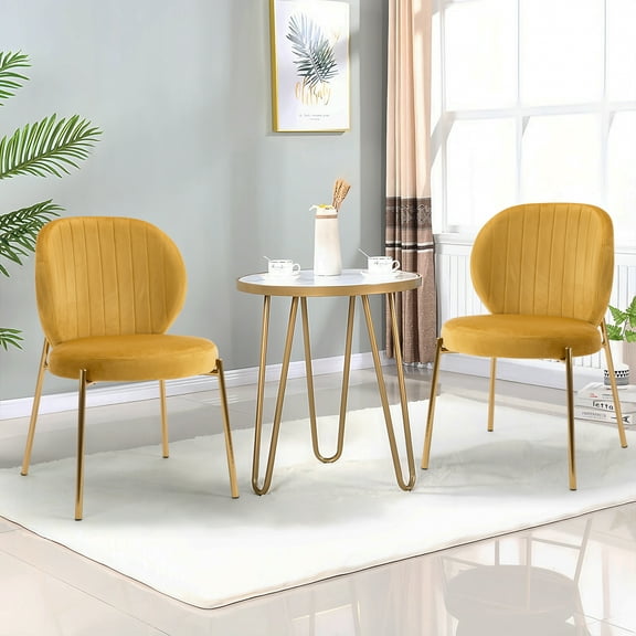 Modern Dining Chair Velvet Upholstered Side Chair Soft Leisure Chair, Yellow, Set of 2