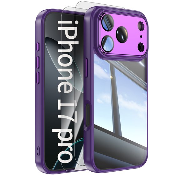 Decase Transparent Case for iPhone 17 Pro,Clear Back Cover with Full Lens Protector,Rugged Hybrid Case with 2-Pieces HD Tempered Glass Flim,Darkpurple