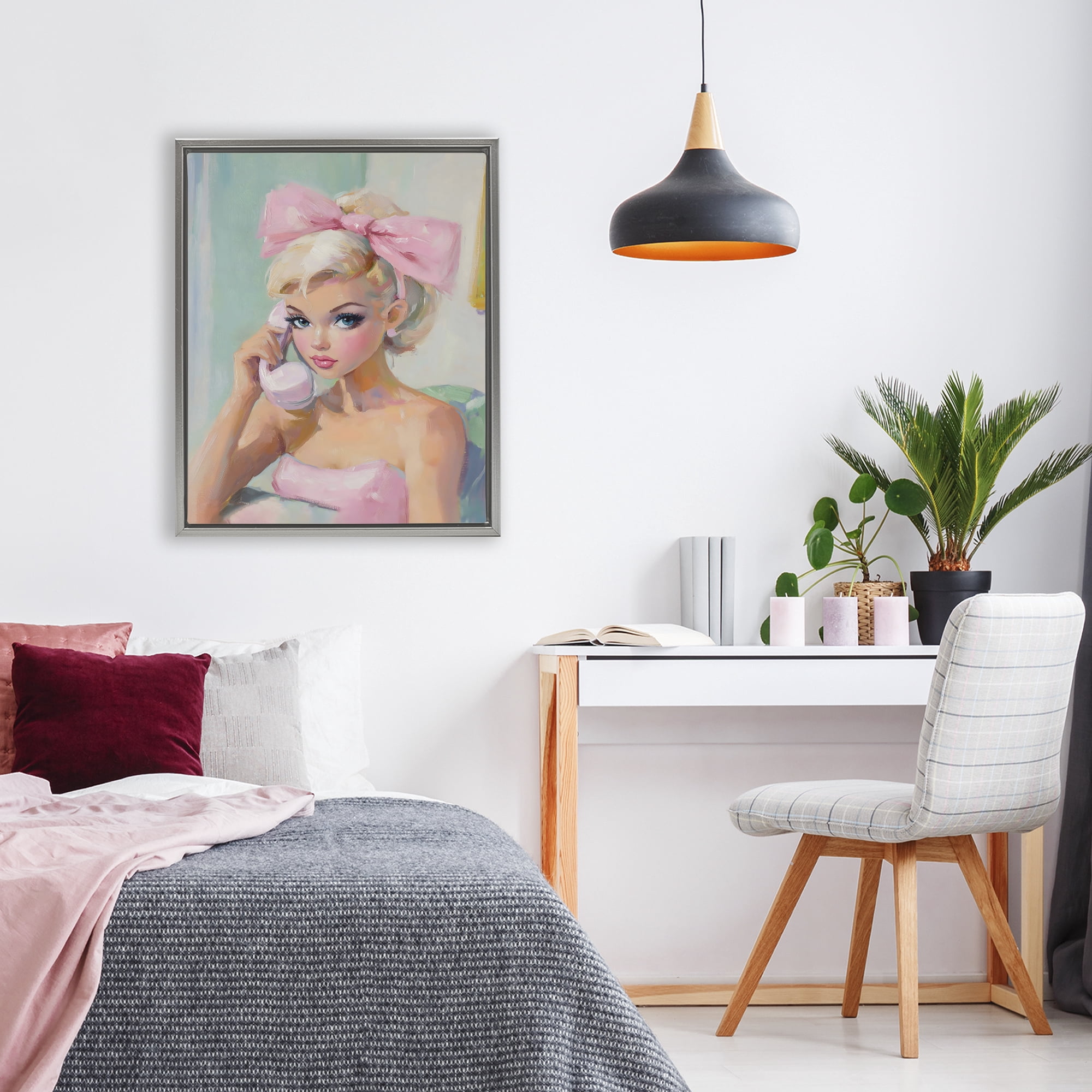 Stupell Industries Blonde Girl with Pink Bow Gray Framed Floater Canvas Wall Art, design by The Prints Vibe