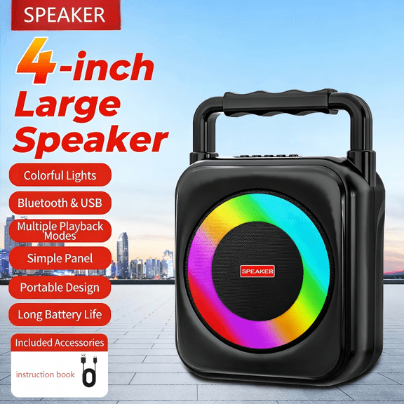 4-inch Bluetooth speaker, supporting USB/TF card/AUX/BT 5.1 playback functions, with loud volume and clear sound quality. Portable handheld design, easy to carry!