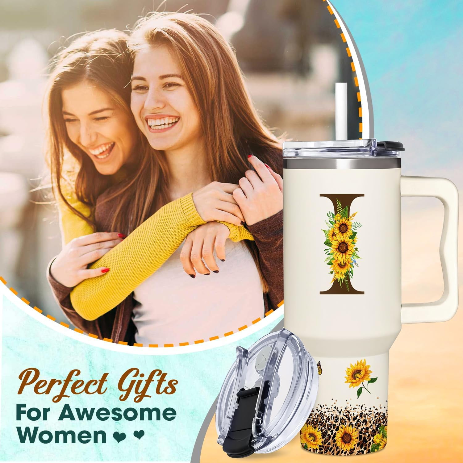 Personalized Birthday Gifts For Women - Sunflowers Monogrammed Cup For Boss Day, Christmas - Customized Gifts For Women, Mom, Wife, Coworkers, Boss Lady, Her - Custom Tumbler With Handle 40oz