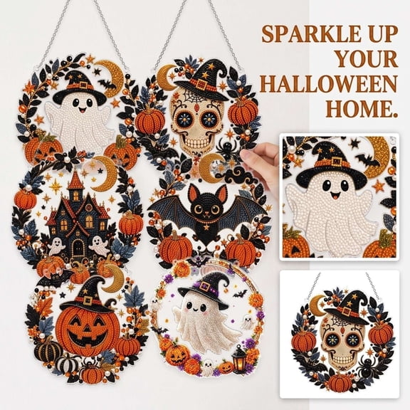 Halloween Hanging Decor, Diamond Painting Halloween, Hanging Ghosts Halloween Decor, Halloween Pumpkin Decorations, 10X10 Inch Cute Ghost Acrylic Hanging Ornament with Witch Hat,