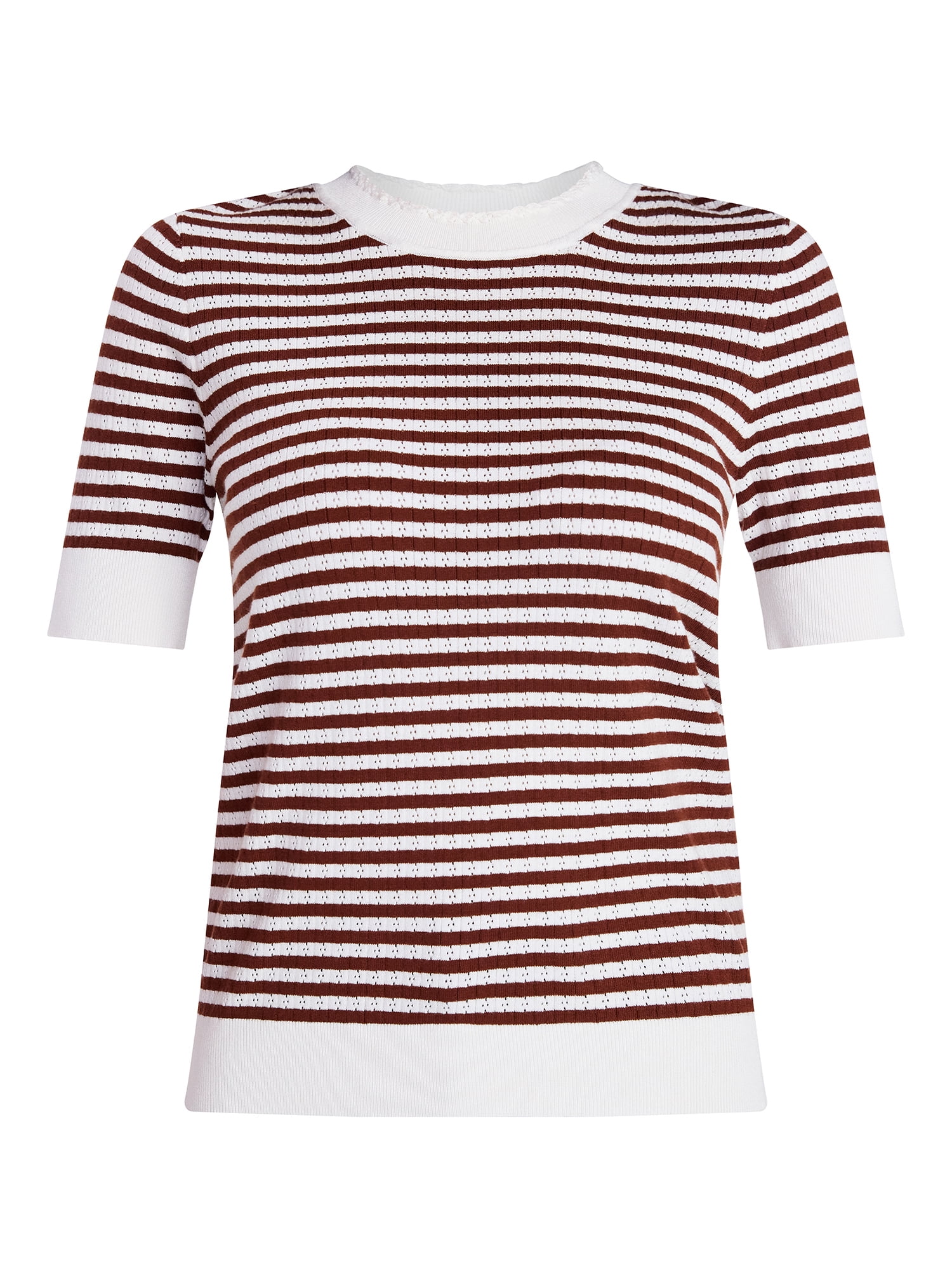 Time and Tru Women's Stripe Pointelle Rib Sweater with Short Sleeves, Lightweight, Sizes XS-XXXL