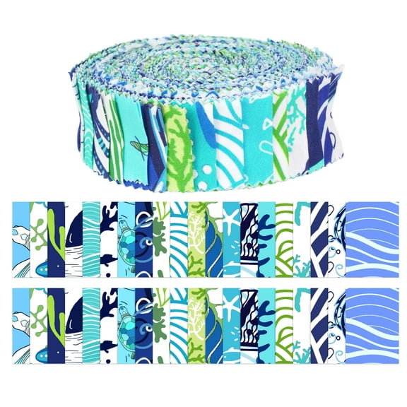 Soimoi 40Pcs Ocean Print Precut Fabrics Strips Roll Up 1.5x42 inches Cotton Jelly Rolls For Quilting - Medium Blue