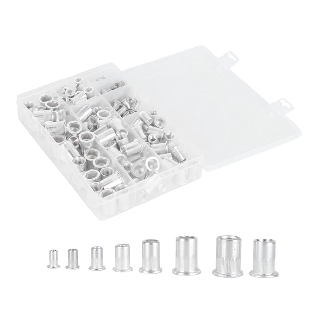 "175-Piece Aluminum Alloy Galvanized Rivet Nuts with Knurled Design for Easy Installation, Includes Plastic Case, Suitable for Steel, Plastic, and Fiberglass Applications"