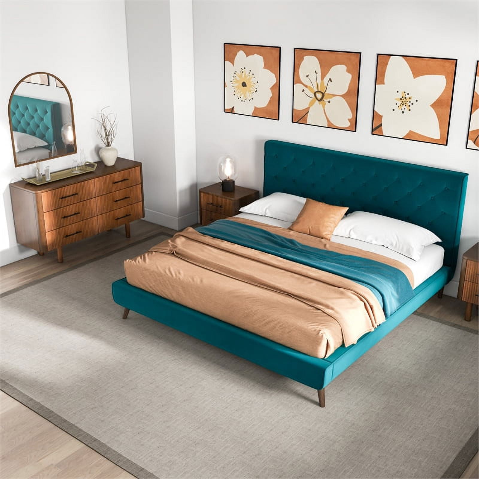 Alice Mid Century Modern Green Velvet Upholstered King Platform Bed Walmart
