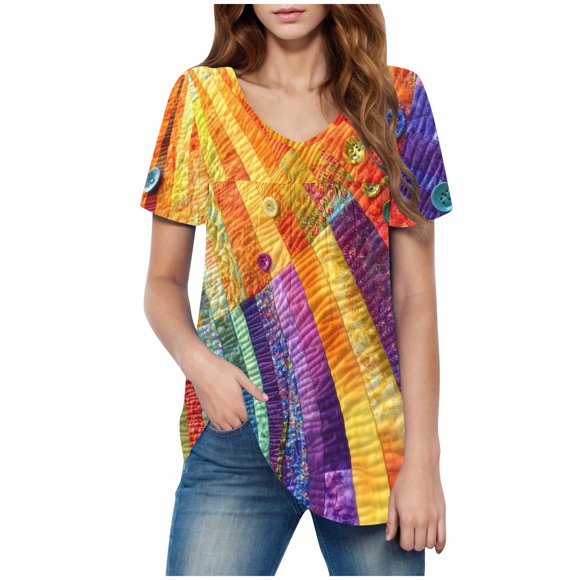 Tnhcen Women's Summer Printed V-Neck T-Shirt - Loose Fit Casual Tops | Wrinkle-Free Basic Shirts S-2XL | Plus Size Friendly Folded Front Tops