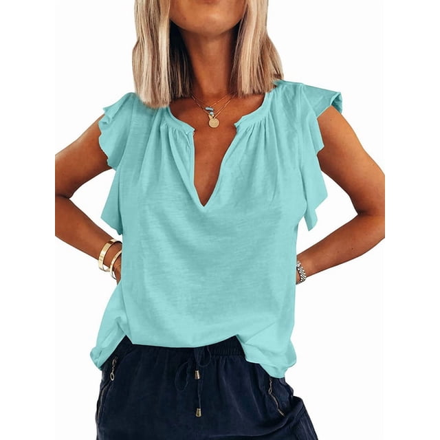 Blusa Informal de Verano con Volantes y Corta para Mujer, Cuello en V, Elegante Blusa de Oficina, Azul , Talla M