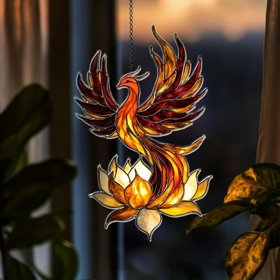 Phoenix and Lotus Acrylic Suncatcher fullxfull Fiery Rebirth Bird Rising from Flower Window Decor, Spiritual Accent for Symbolic Zen and Mythical