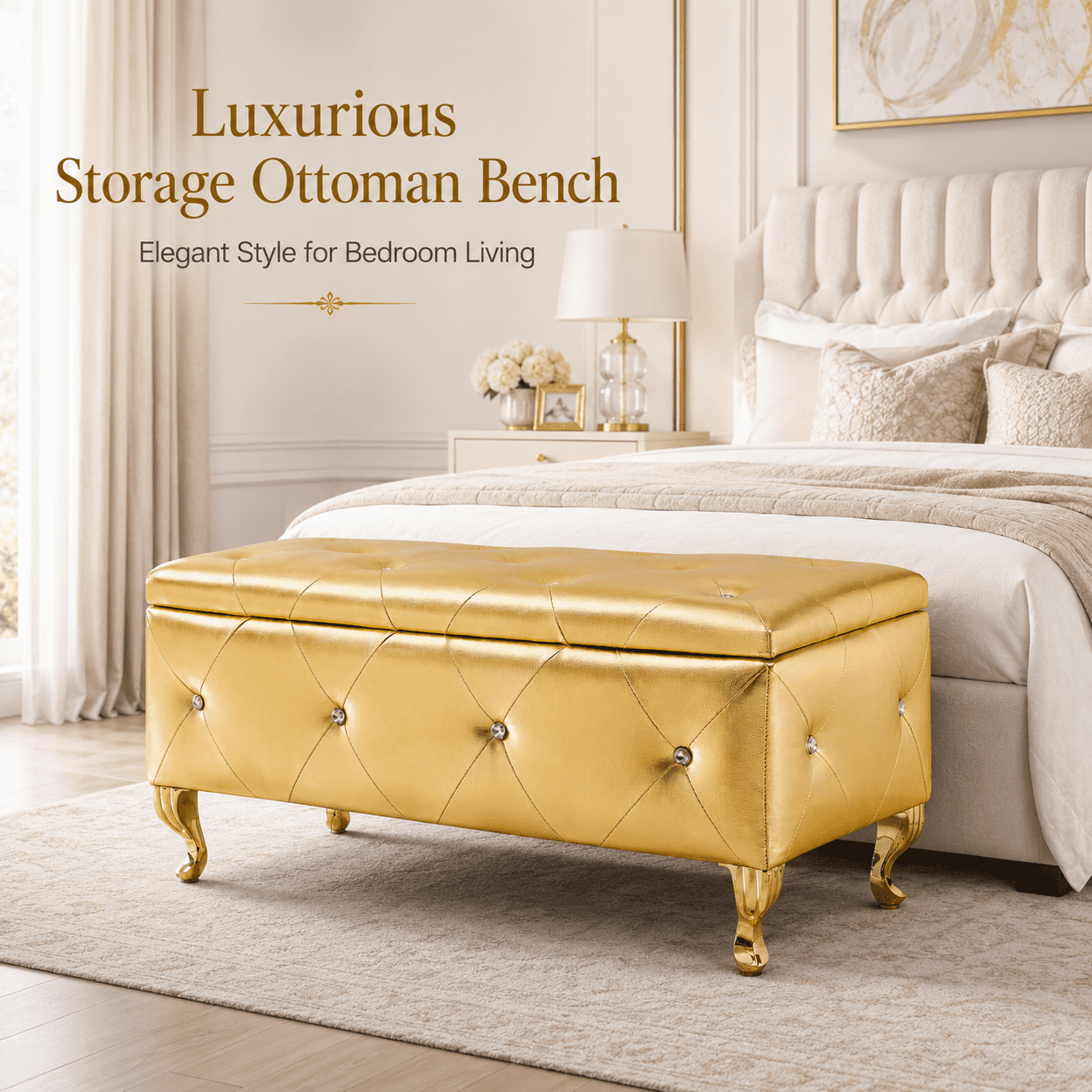 Aukfa 38" Upholstered Storage Ottoman Bench with Hidden Storage, Crystal Tufted Faux Leather Bed Bench, 380 lb, Gold