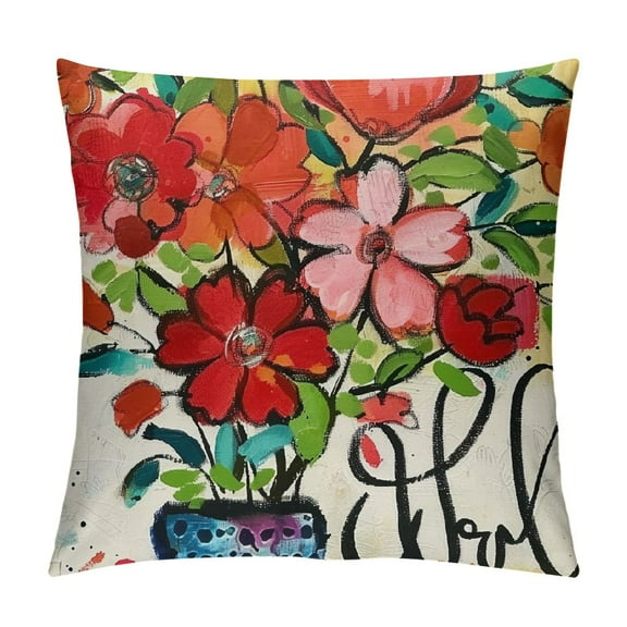 Qinduosi Spring Geranium Flowers Decorative Throw Pillow Cover Set of Pink Red Floral Outdoor Decor, Farmhouse Cushion