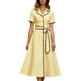 thumbnail image 2 of Karymi Polka Dot Print Vintage Midi Dress, Lapel V Neck Short Sleeve Contrast Trim Button Front A-Line Dress with Self Tie Belted Waist Cocktail Dresses for Women, 2 of 7