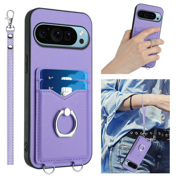 for Google Pixel 9 / 9 Pro Phone Case Wallet Card Holder,PU Leather Flip Folio Case,Ring Holder Kickstand Detachable Wrist Strap Women Men Protective Cover for Google Pixel 9 / 9 Pro,Purple
