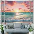 thumbnail image 4 of Fenyluxe  Ocean Tapestry Wall Hanging Sea Beach Sunset Wall Tapestry White Window Pink Sky Landscape Tapestries for Bedroom Living Room Dorm Home Wall Decor 50x40inch, 4 of 6