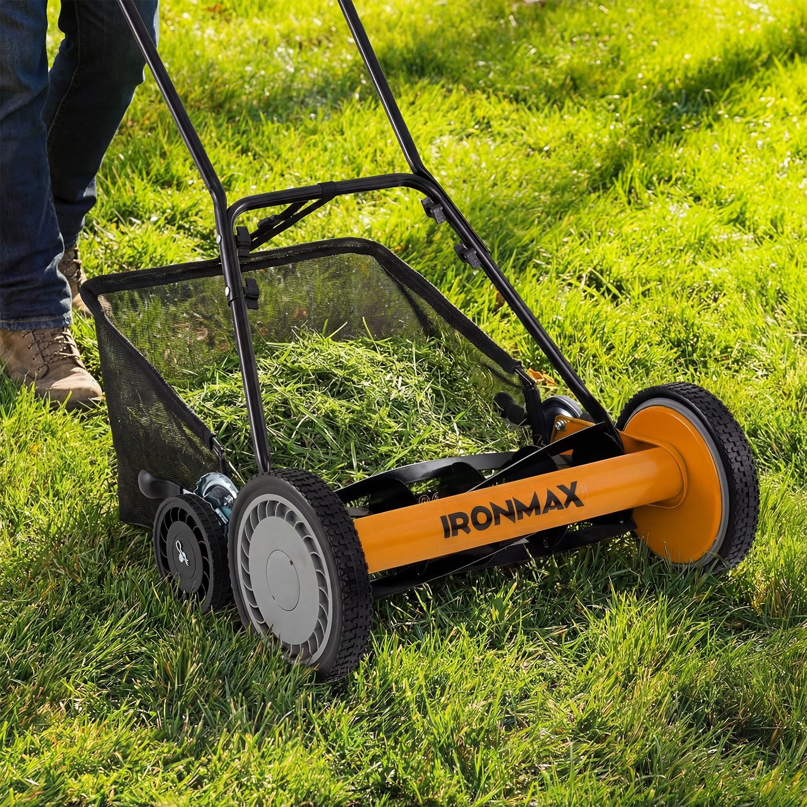 Ironmax 18” Push Reel Lawn Mower, 5-Blade Manganese Steel Manual Grass Cutter for Yard Orange
