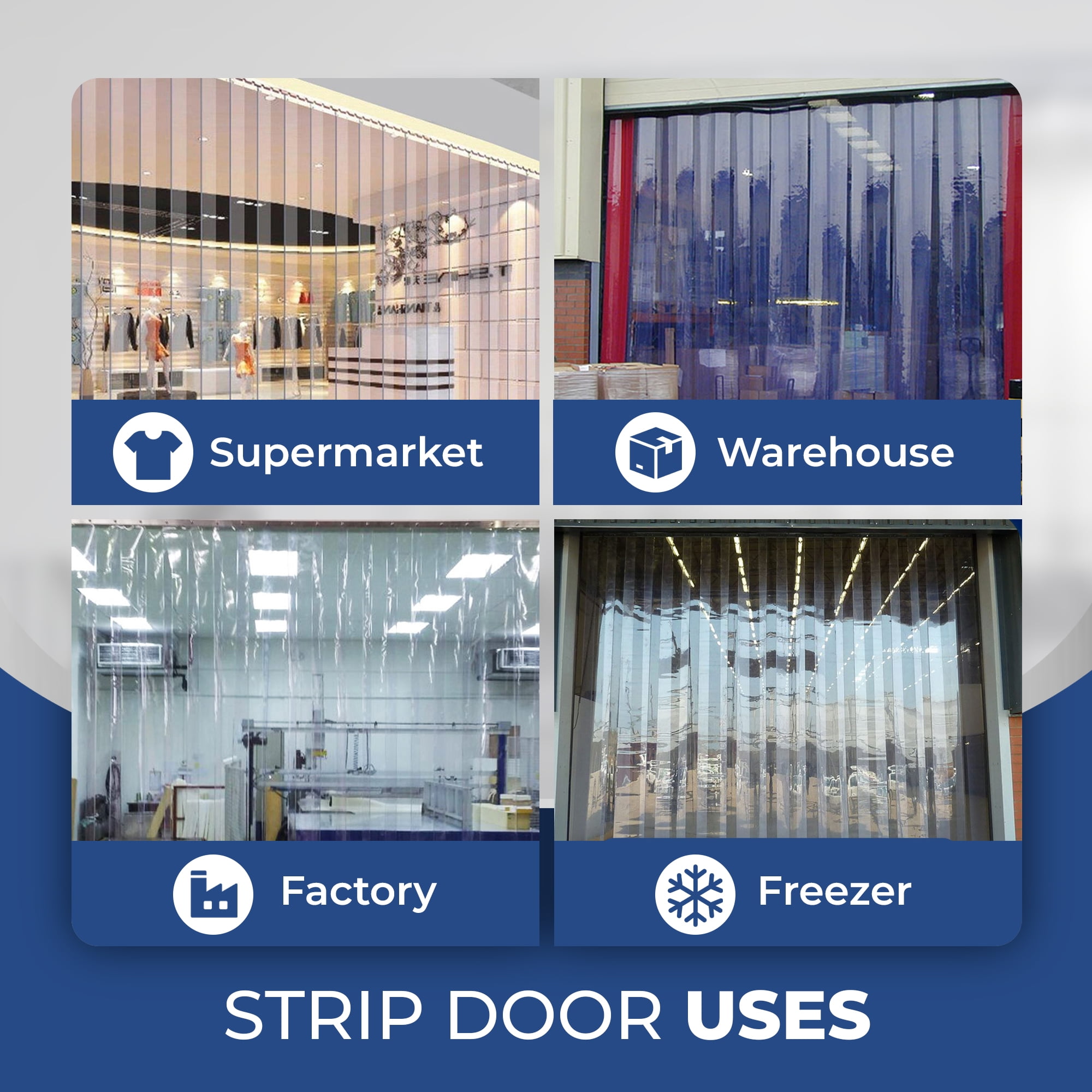 Strivide - Strip Door Curtain Kit - 36 in.(3 ft) Width X 84 in.(7 ft) Height - Clear Smooth 8" Wide x .08 in. Thick PVC Strip 50% Overlap - Complete Plastic Strip Door Kit - Universal Hanger