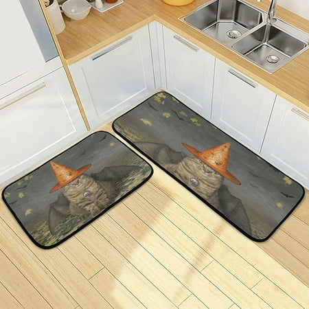 

SKYSONIC Halloween Bat Cat Funny Kitchen Rugs 2 Pieces Autumn Leaves Fall Floor Mat Room Area Rug Washable Carpet Perfect for Living Room Bedroom Entryway
