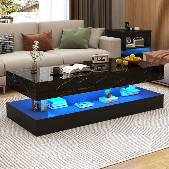 Chistwod 55" Large Black LED Coffee Table with 2 Storage Drawers, Modern High Gloss Marbling Print Coffee Table with 20 Colors LED Lights & APP Control, 2 Tiers Rectangle Living Room Furniture