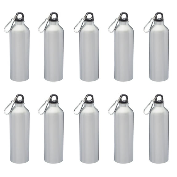 Aluminum Water Bottles with Carabiner 24 oz. Set of 10, Bulk Pack - Perfect for Gym, Hiking, Camping, Running, Mountain Bike, Outdoor Sports - Silver