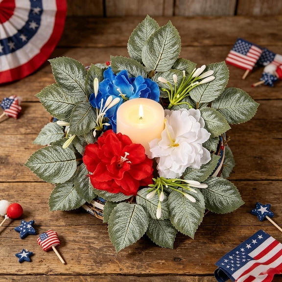 9.84in American Independence Day Candle Ring Red White Blue Butterfly Floral Candle Wreath Patriotic Candle Centerpiece for Holiday Home Table Decor