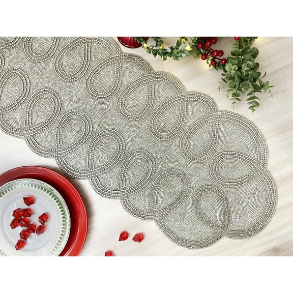 Handmade table runner, beaded runner, table decor, 13x36inch, shiny silver