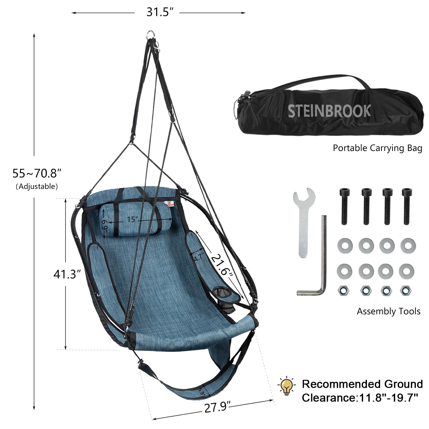 Bathonly Polyester Hammock Chair with Footrest, Max 330 lbs Capacity, Blue. G1-0018BU