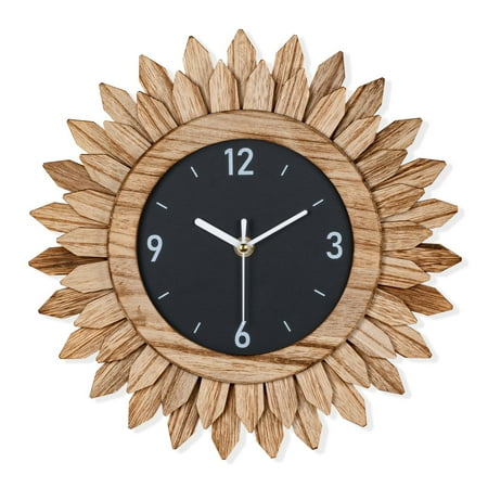 14 In Rustic Wood Boho Sunburst Decorative Wall Clock Silent Non Ticking Farmhouse Small Wall Clocks for Living Room Kitchen Bedroom Decor (Rustic Brown)