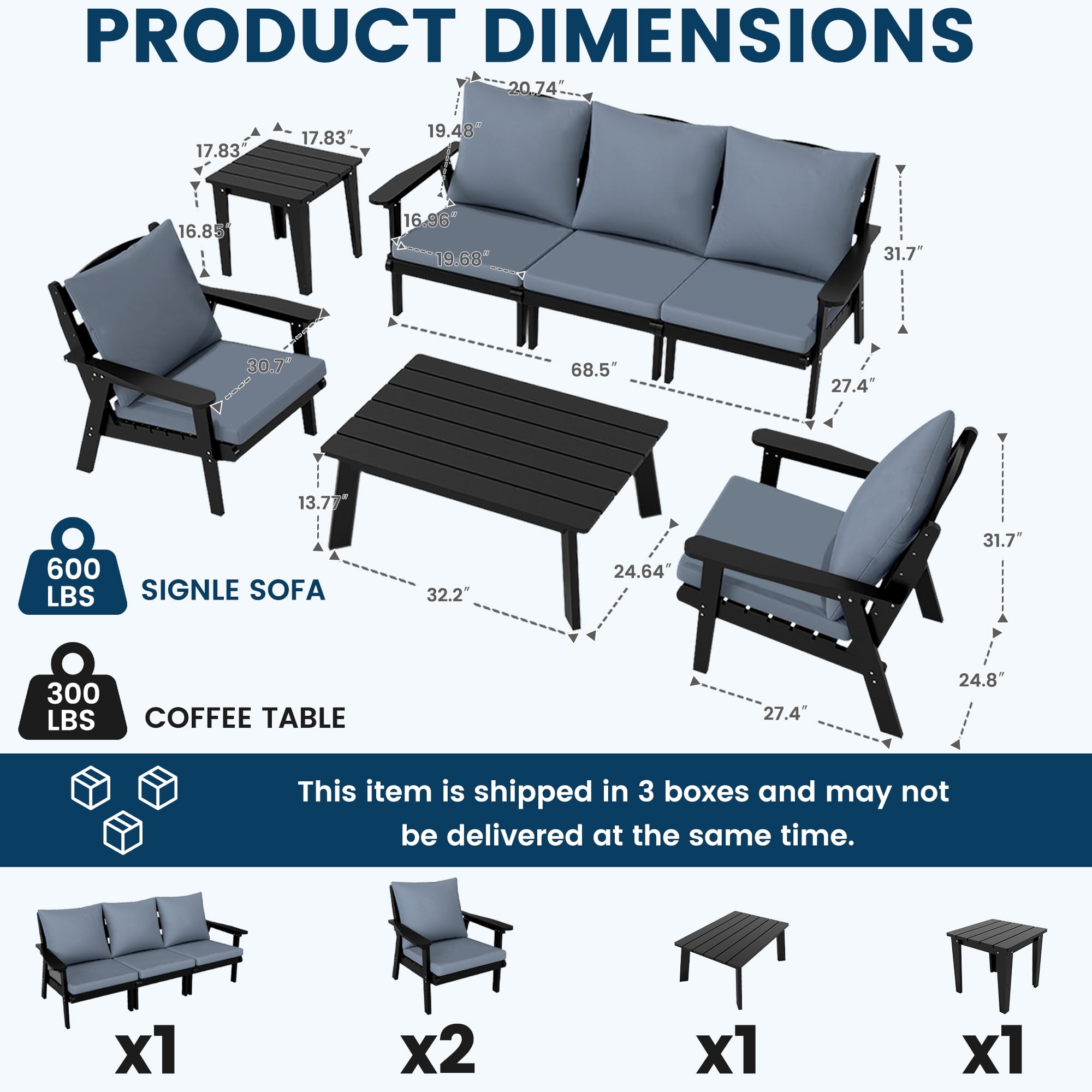 FOOWIN 7-Piece Patio Furniture Set, HDPE Outdoor Conversation Set with 5 Seating & Cushions, Perfect Patio Sofa Set for Garden, Porch, Backyard, Black Frame with Grey Cushion
