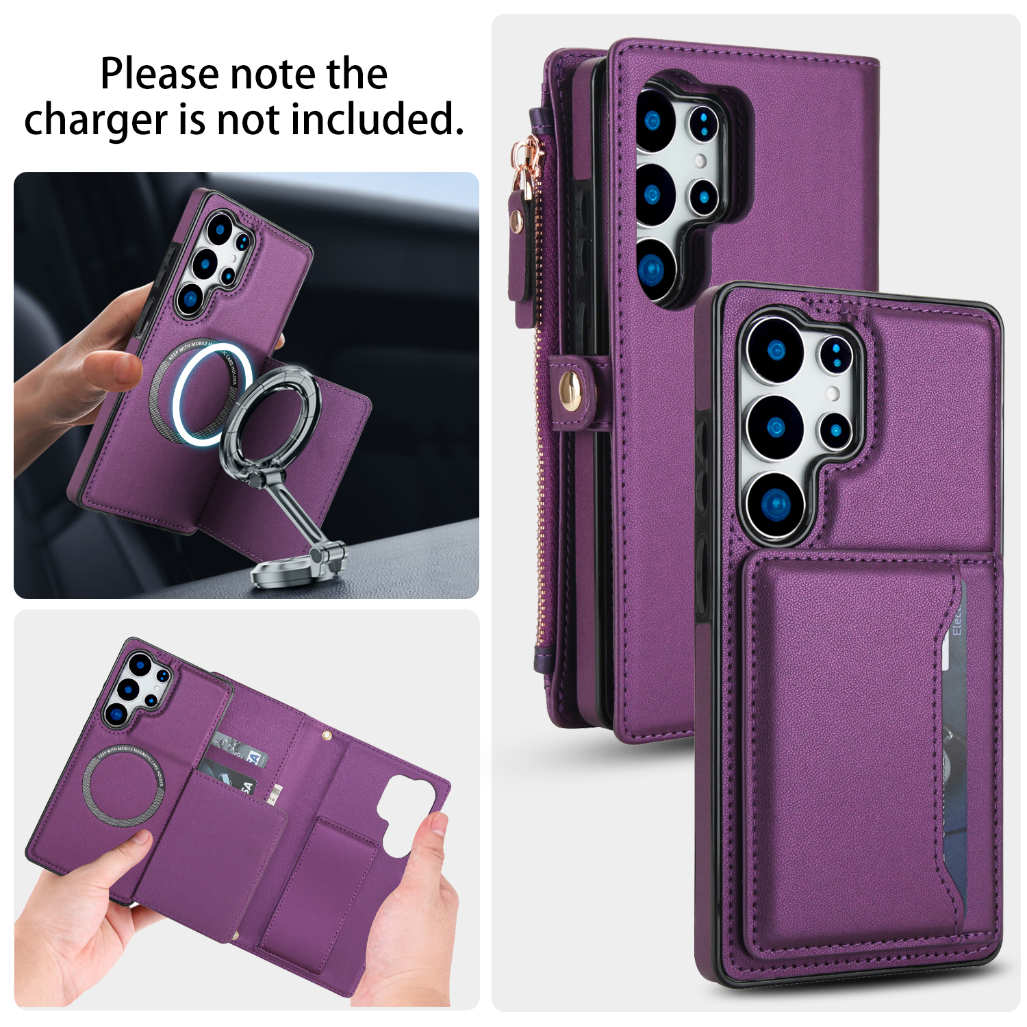 Designed for Samsung Galaxy S24 Multi-Function Wallet Phone Case,With Shoulder Strap&Wrist Strap,Cash Pocket&Card Slots,Zipper Purse,Magnetic Detachable PU Leather Flip Phone Case,Purple